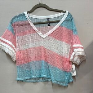 Women’s Pink & Blue Mesh V-Neck Crop Top